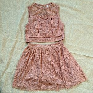 Xhilaration Pink Lace Crop Top and Mini Skirt Outfit, size Medium